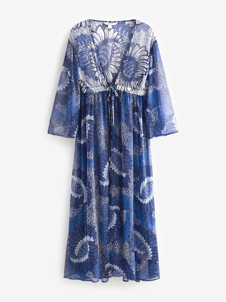 Blue Large Scale Floral Tie Waist Maxi Dress Cover-Up - Image 4 of 4