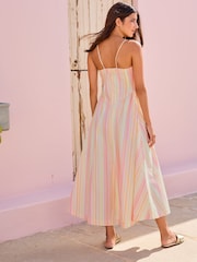 Pink/Orange Stripe Strappy Waisted 100% Cotton Midi Dress - Image 2 of 5