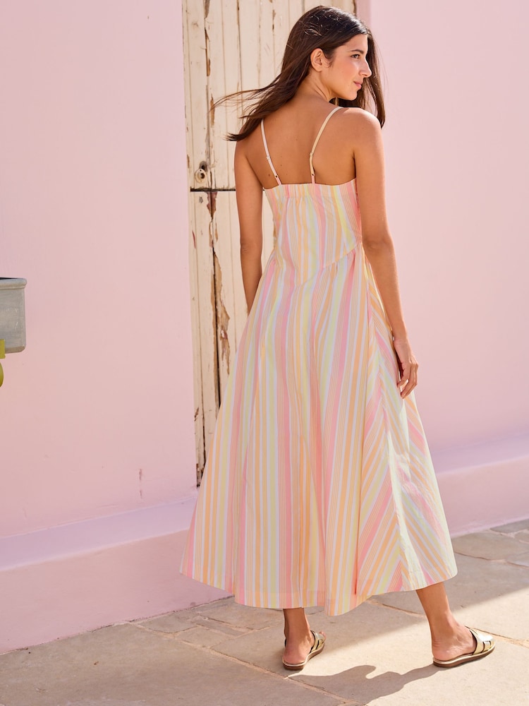 Pink/Orange Stripe Strappy Waisted 100% Cotton Midi Dress - Image 2 of 5