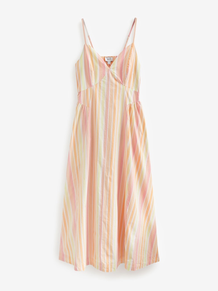 Pink/Orange Stripe Strappy Waisted 100% Cotton Midi Dress - Image 5 of 5