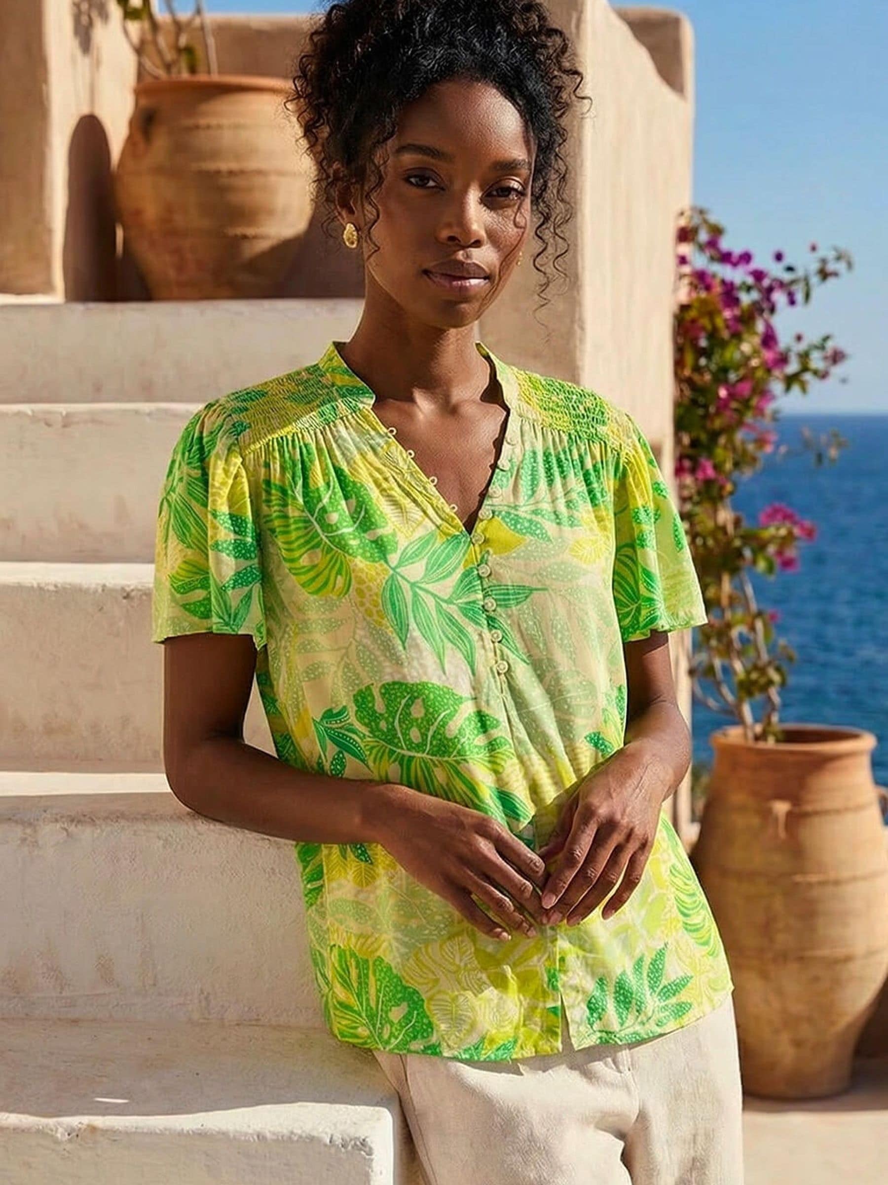 Buy Roman Green Leaf Print Shirred V-Neck Top from Next USA