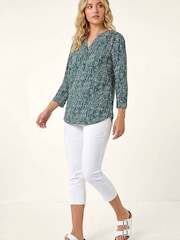Roman Green Textured Abstract Print V-Neck Stretch Shirt - Image 1 of 5