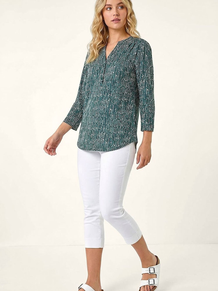 Roman Green Textured Abstract Print V-Neck Stretch Shirt - Image 1 of 5 Roman Green Textured Abstract Print V-Neck Stretch Shirt - Image 1 of 5