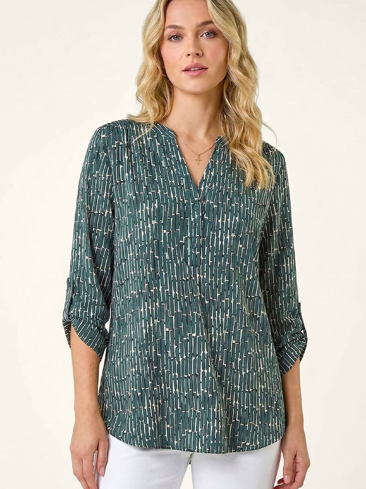Roman Green Textured Abstract Print V-Neck Stretch Shirt - Image 2 of 5 Roman Green Textured Abstract Print V-Neck Stretch Shirt - Image 2 of 5