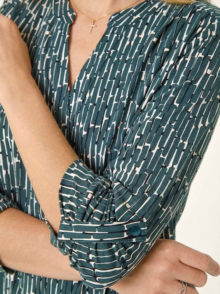 Roman Green Textured Abstract Print V-Neck Stretch Shirt - Image 5 of 5 Roman Green Textured Abstract Print V-Neck Stretch Shirt - Image 5 of 5