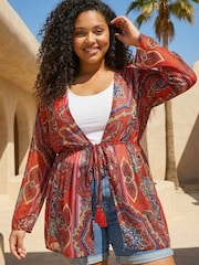 Roman Red Curve Georgette Tie Front Kimono Dress - Image 1 of 4