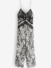 Black / White Tropical Print Lace Sleveless Cami Jumpsuit - Image 6 of 6