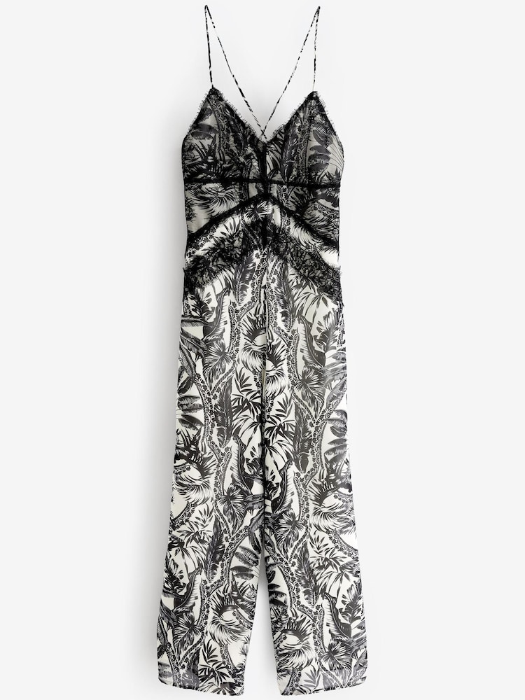 Black / White Tropical Print Lace Sleveless Cami Jumpsuit - Image 6 of 6