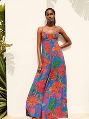 Multi Coloured Large Scale Floral Print Strappy Sleeveless Wide Leg Jumpsuit - Image 1 of 5