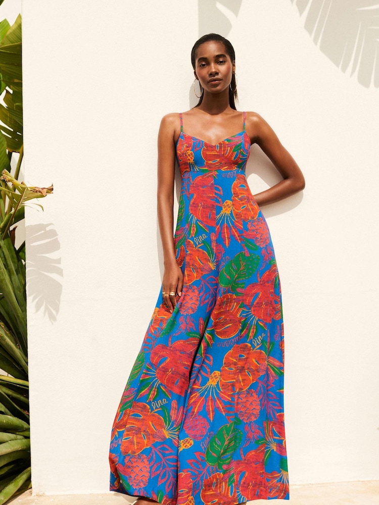Multi Coloured Large Scale Floral Print Strappy Sleeveless Wide Leg Jumpsuit - Image 1 of 5