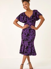 Roman Purple Glitter Floral Flocked Flutter Dress - Image 2 of 5