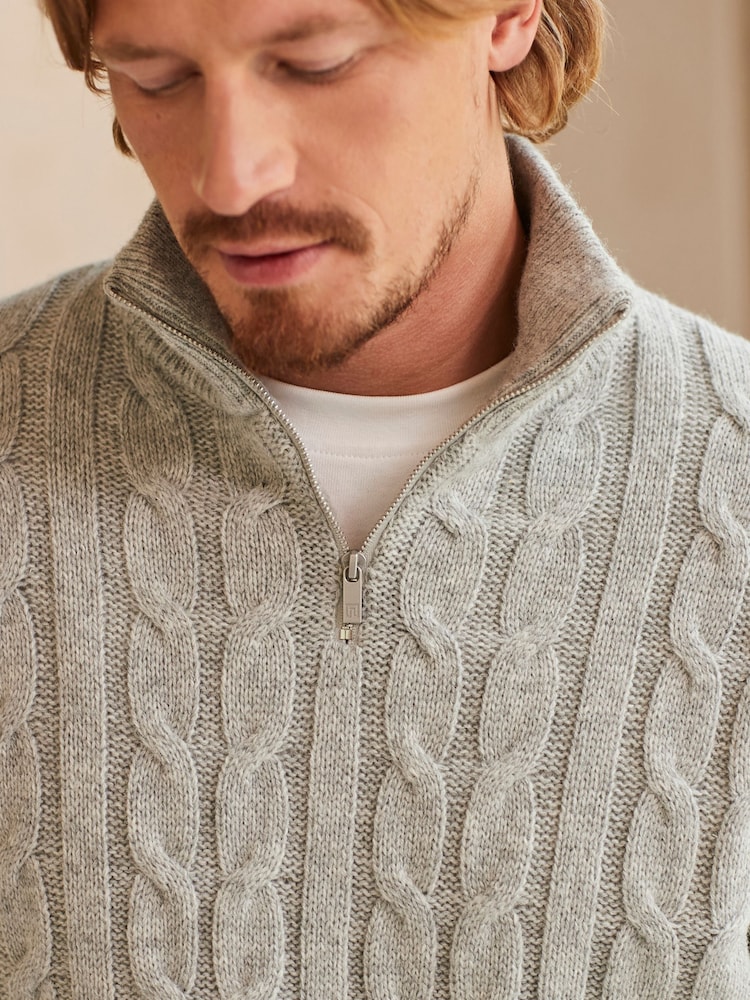 Grey Regular Cable Zip Neck Jumper With Wool - Image 1 of 8