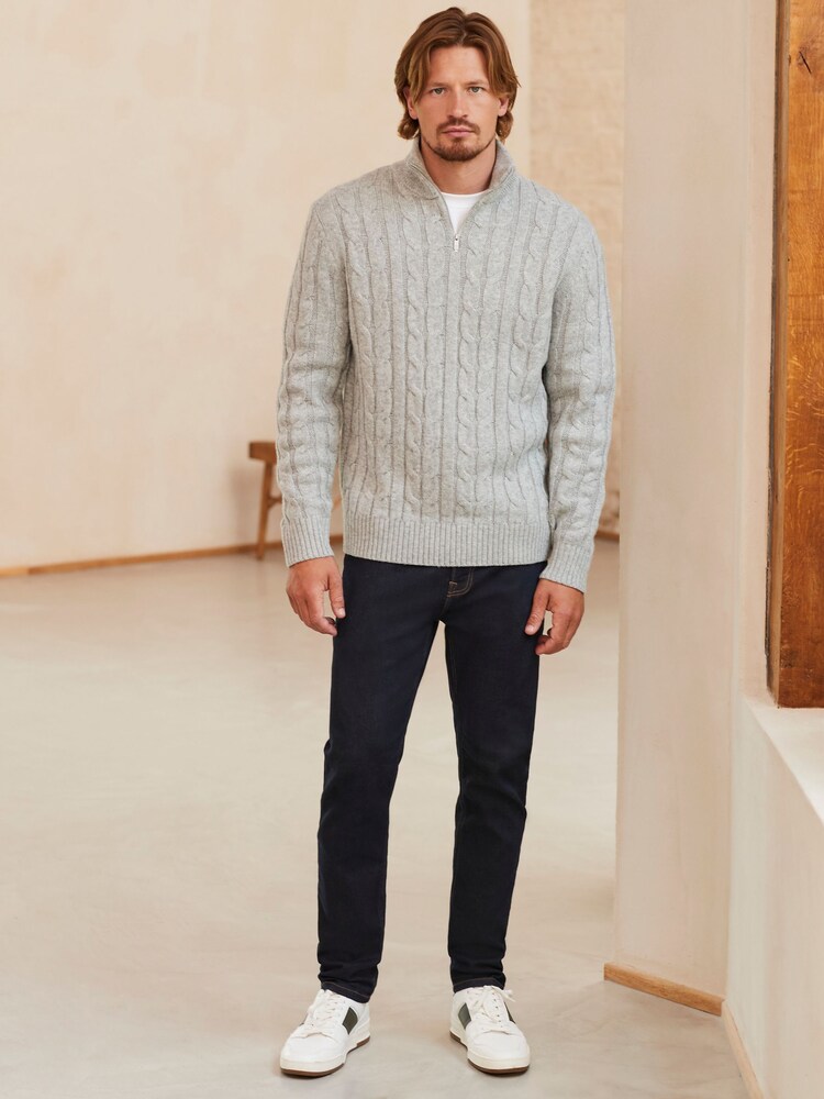 Grey Regular Cable Zip Neck Jumper With Wool - Image 2 of 8 Grey Regular Cable Zip Neck Jumper With Wool - Image 2 of 8