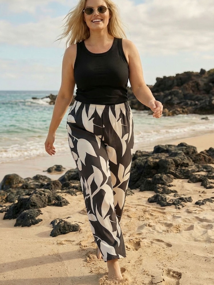 Roman Black Curve Leaf Print Stretch Trousers - Image 2 of 4