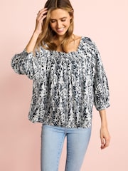 Blue Geo Print Off The Shoulder Square Neck Long Sleeve Top - Image 1 of 5
