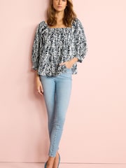 Blue Geo Print Off The Shoulder Square Neck Long Sleeve Top - Image 2 of 5