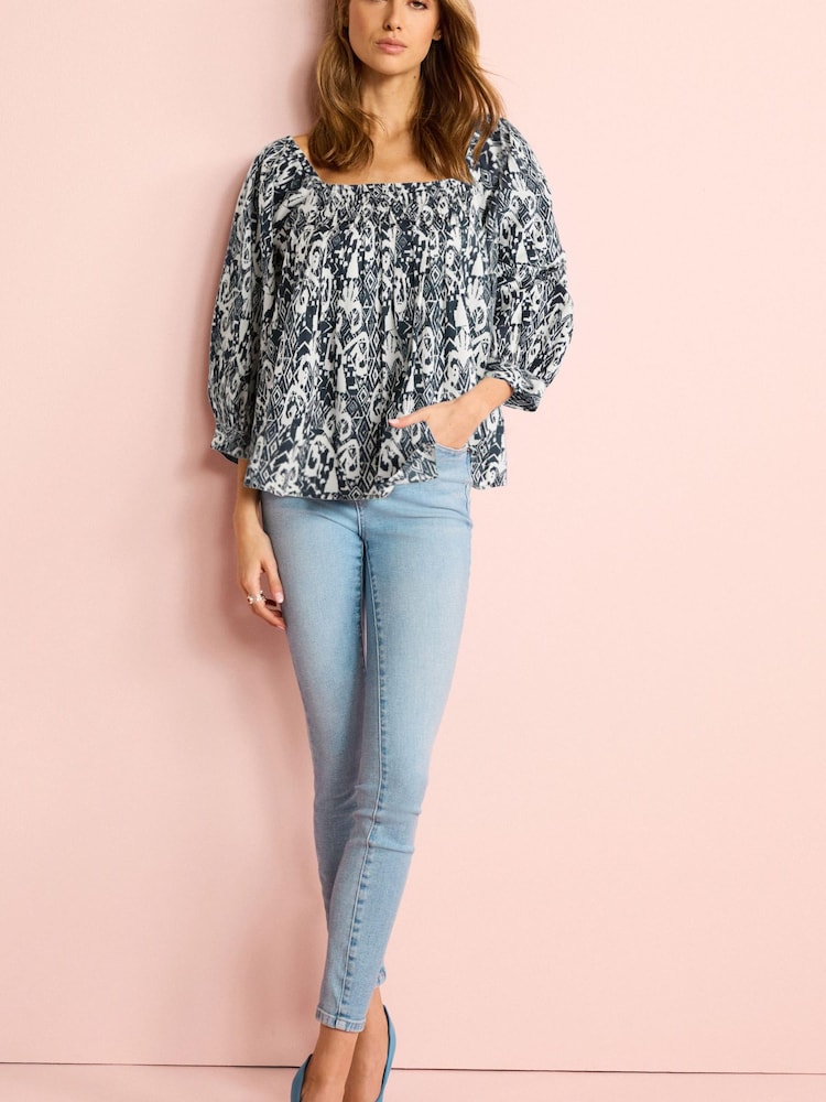 Blue Geo Print Off The Shoulder Square Neck Long Sleeve Top - Image 2 of 5