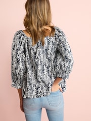Blue Geo Print Off The Shoulder Square Neck Long Sleeve Top - Image 3 of 5