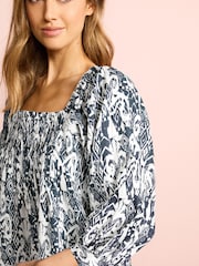Blue Geo Print Off The Shoulder Square Neck Long Sleeve Top - Image 4 of 5
