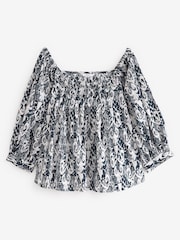 Blue Geo Print Off The Shoulder Square Neck Long Sleeve Top - Image 5 of 5