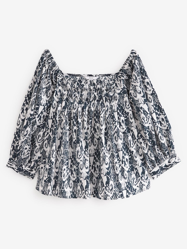 Blue Geo Print Off The Shoulder Square Neck Long Sleeve Top - Image 5 of 5