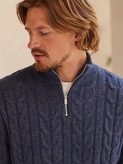 Blue Regular Cable Zip Neck Jumper With Wool - Image 1 of 9