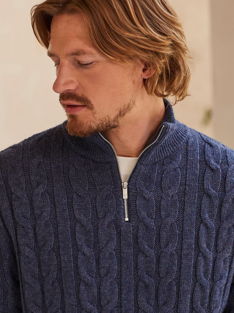 Blue Regular Cable Zip Neck Jumper With Wool - Image 1 of 9