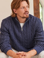Blue Regular Cable Zip Neck Jumper With Wool - Image 4 of 9