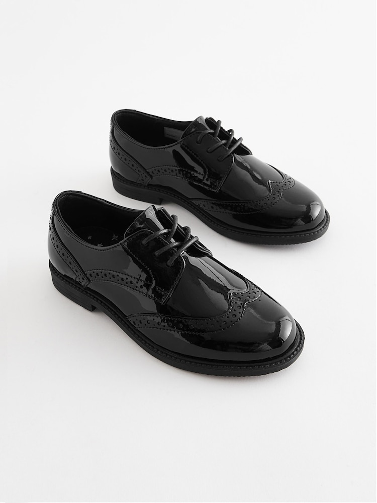Black Patent School Lace-Up Brogue Detail Shoes - Image 2 of 7