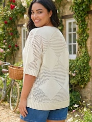 Roman White Curve Metallic Diamond Knit Top - Image 3 of 4