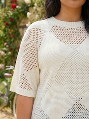 Roman White Curve Metallic Diamond Knit Top - Image 4 of 4