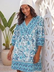 Roman Blue Floral Border Print Dress - Image 1 of 4
