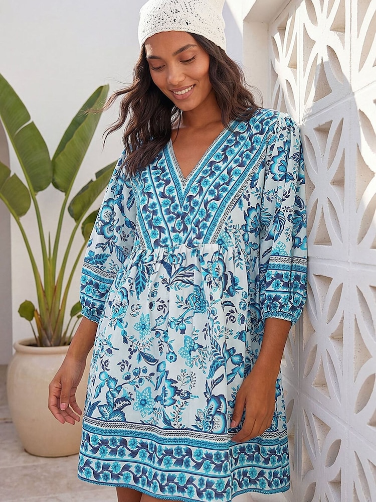 Roman Blue Floral Border Print Dress - Image 1 of 4 Roman Blue Floral Border Print Dress - Image 1 of 4