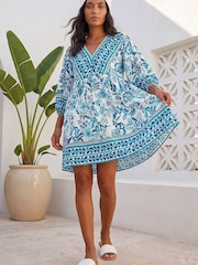 Roman Blue Floral Border Print Dress - Image 2 of 4