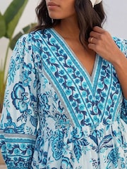 Roman Blue Floral Border Print Dress - Image 4 of 4