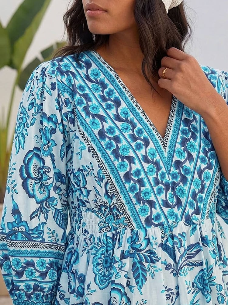 Roman Blue Floral Border Print Dress - Image 4 of 4 Roman Blue Floral Border Print Dress - Image 4 of 4
