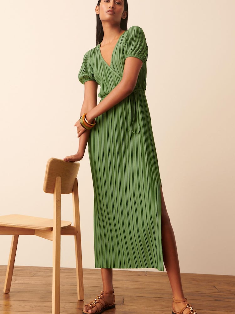 Green Short Sleeve Plisse Dress - Image 1 of 5 Green Short Sleeve Plisse Dress - Image 1 of 5