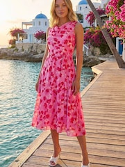 Roman Pink Floral Print Chiffon Cowl Neck Dress - Image 1 of 4
