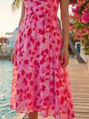 Roman Pink Floral Print Chiffon Cowl Neck Dress - Image 4 of 4