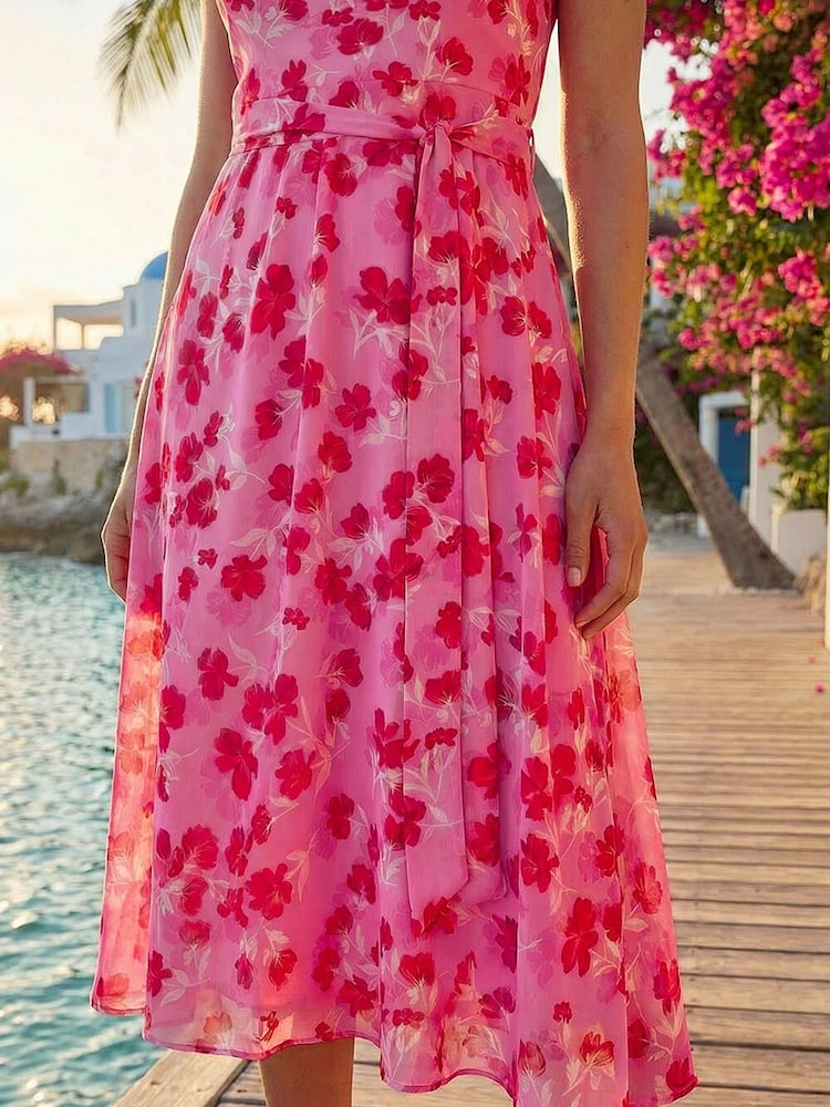 Roman Pink Floral Print Chiffon Cowl Neck Dress - Image 4 of 4