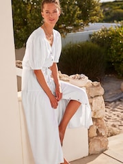 White Linen Blend Button Down Midi Dress - Image 1 of 5