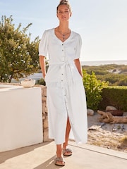 White Linen Blend Button Down Midi Dress - Image 2 of 5