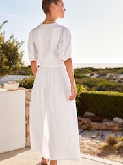 White Linen Blend Button Down Midi Dress - Image 3 of 5