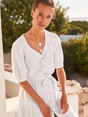 White Linen Blend Button Down Midi Dress - Image 4 of 5
