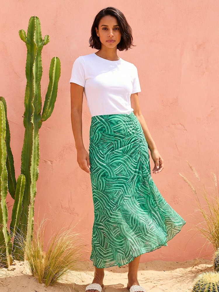 Roman Green Leaf Print Ruffle Midi Skirt - Image 1 of 5 Roman Green Leaf Print Ruffle Midi Skirt - Image 1 of 5