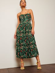 Green Floral Plissé Strappy Corset Midi Dress - Image 1 of 4