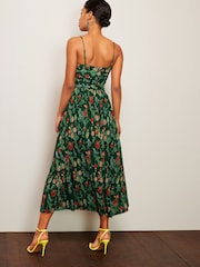 Green Floral Plissé Strappy Corset Midi Dress - Image 2 of 4