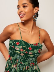 Green Floral Plissé Strappy Corset Midi Dress - Image 3 of 4