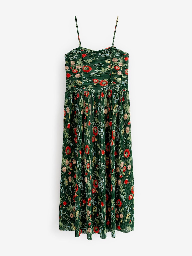 Green Floral Plissé Strappy Corset Midi Dress - Image 4 of 4