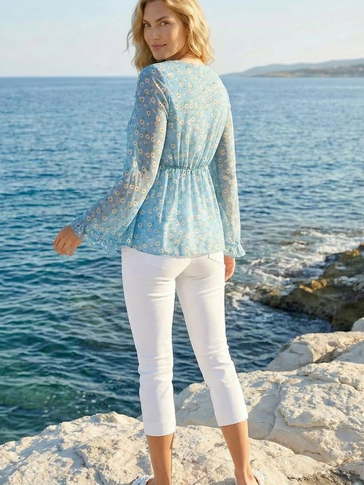 Roman Blue Ditsy Floral Print Frilled Top - Image 2 of 4